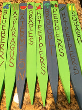 Load image into Gallery viewer, Garden stakes with names painted on (blueberry, asparagus, watermelon, grapes, hot peppers, broccoli, peppers, squash)
